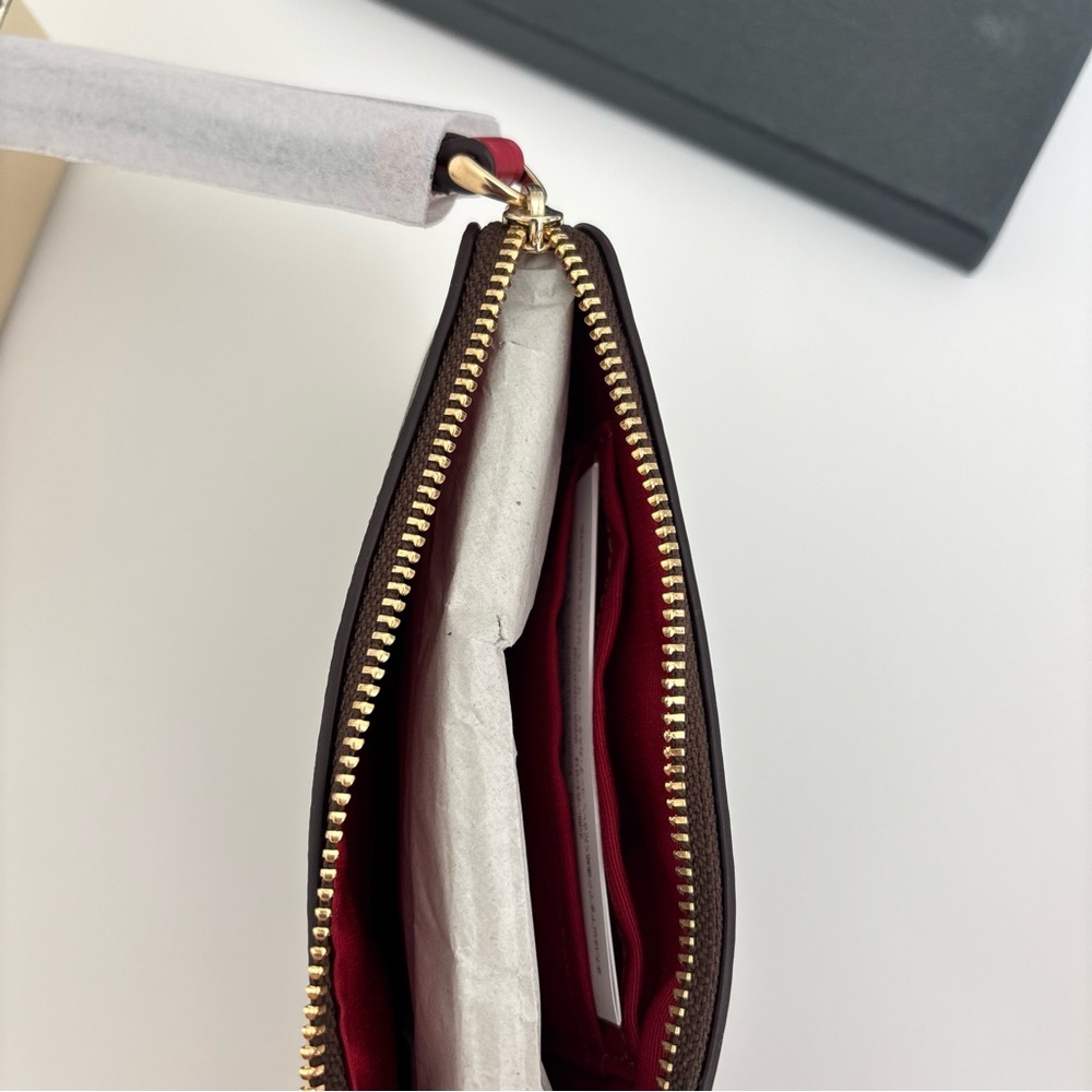 NWT Coach Signature Metallic Corner Zip Wristlet Dark Brown Red Strap - Picture 6 of 6